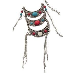 Bohemian Silver-Tone Crescent Pendant Necklace Turquoise & Red Beads 18" READ